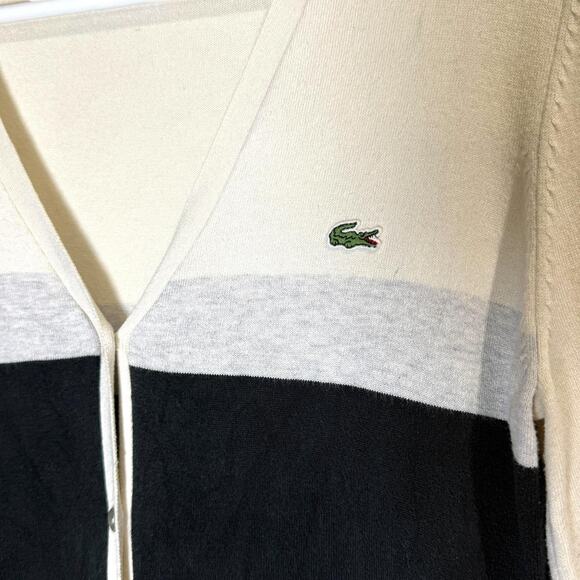 Lacoste Colorblock Knit Cardigan Ivory Gray Black V-Neck Logo Button Front S/M - Picture 6 of 8
